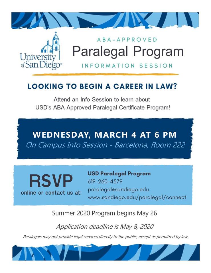 Law Events Calendar USD Paralegal Program Information Session Free